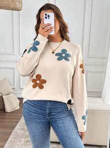 EMERY ROSE Plus Size Floral Jacquard Raglan Sleeve Sweater For Autumn And Winter