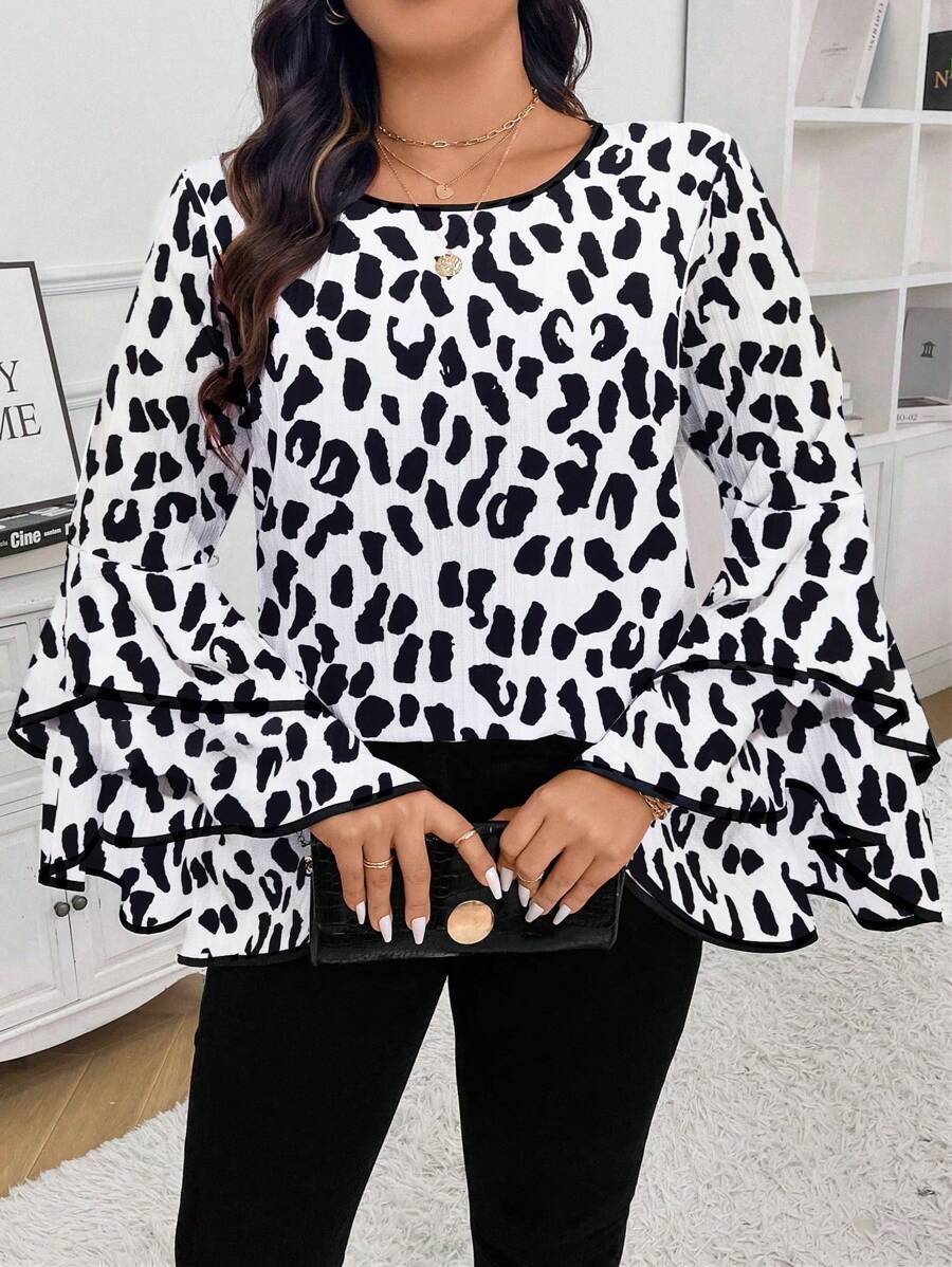 Celure Plus Size Elegant Leopard Print Ruffled Flare Sleeve Blouse For Autumn - Black and White - View 1