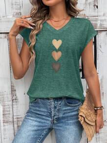 SHEIN LUNE Casual Heart Pattern V-Neck Fitted Women T-Shirt, Suitable For Summer Suitable For Going Out,Casual - Dark Green - View 5