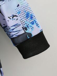 1 件年轻男孩休闲酷蓝绿动漫/漫画全图案数码印花保暖内衬连帽保暖夹克，适合日常和街头风格，秋冬季