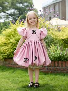 SHEIN Elegantes Puffkleid mit Schleife, geeignet für Geburtstagspartys, Urlaub und Blumenmädchen, Kleine Mädchen - Pink - Übersicht 3