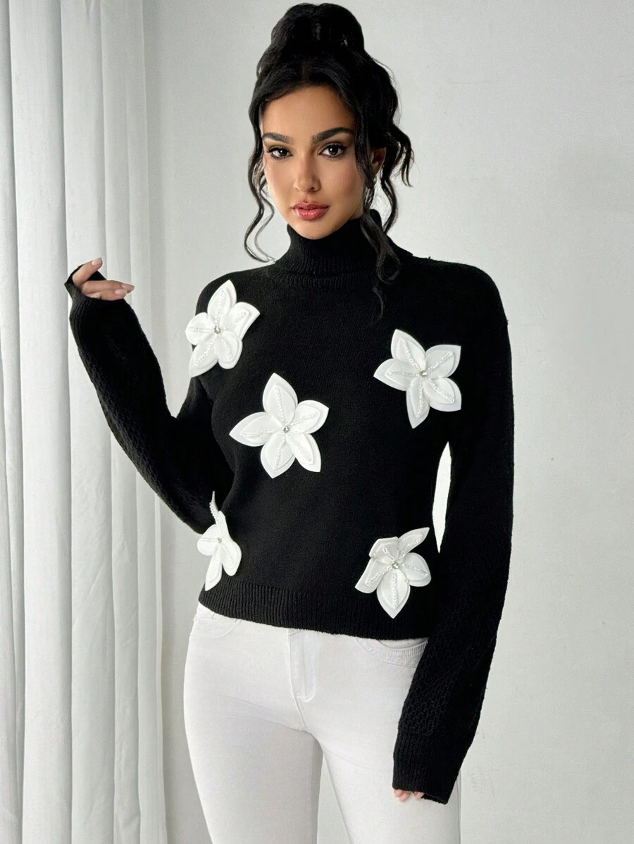 Chiquease 高领休闲撞色花卉拼接加厚套头毛衣，复古风格，适合户外聚会和街头穿着，黑色，秋冬季针织套头衫 - 黑色 - 查看 1