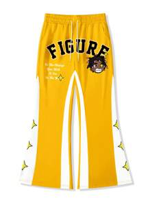 Manfinity Hypemode Pantalones de chándal con bolsillos con cordón, estampado de dibujos animados y letras de colores contrastantes para hombres