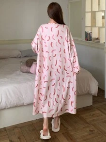 DAZY Women Geometric Pattern Ruched Loose Nightdress, Suitable For Autumn Pajama - Pink - View 2