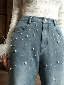 Anewsta 圣诞时尚优雅通勤珍珠牛仔裤 - 淺色水洗藍 - 查看 3
