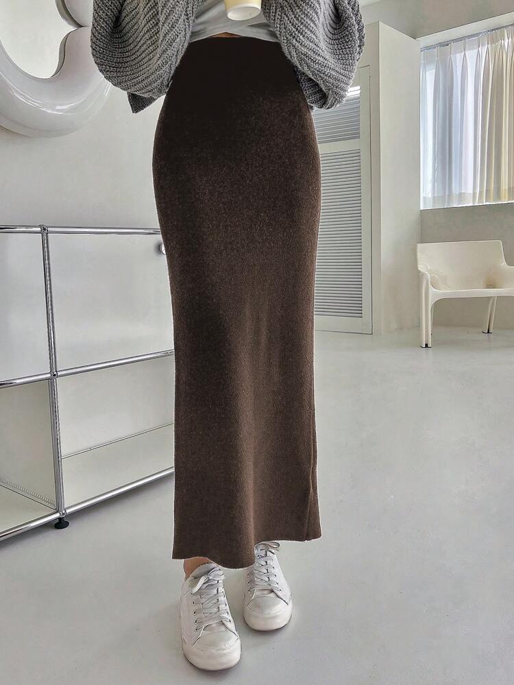 1pc Women's Casual Everyday Solid Color Fish Tail Hem Knitted Skirt For Autumn/Winter