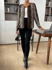 SHEIN Elegante luipaard ombre open voorkant ronde hals lange mouw jas voor zwangere vrouwen, voor zwangerschap