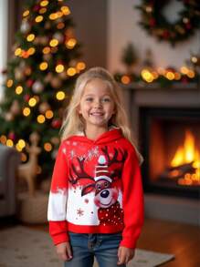 SHEIN Christmas Hooded Sweatshirt For Girls Autumn Winter New Fashion Brand Red Christmas Snowman Deer Bear Print Children Hoodie - Red - View 1