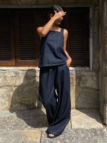 Livesso 女士休闲纯色背心和宽腿宽松牛仔裤 2 件套 - 深色水洗藍 - 查看 4