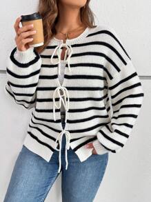 SHEIN VCAY 大码春秋休闲黑白条纹系带开衫 - 黑與白 - 查看 4