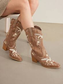 MOTF PREMIUM WOMEN'S FASHION CHUNKY HEEL EMBROIDERED ANKLE BOOTS - Brown - View 3