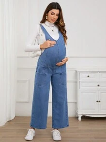 SHEIN Maternity Non-Stretch Casual Straight Leg Denim Bib Overalls