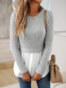 SHEIN LUNE 1 件女式拼色圆领长袖休闲二合一 T 恤，简约设计，适合日常穿着，图案 T 恤女式春季上衣 - 灰色 - 查看 5