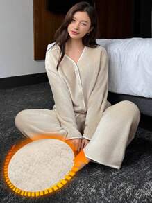 DAZY Embroidered Letter Decor Open Front Flannel Warm Pajama Set, Winter, Fall Winter Clothes