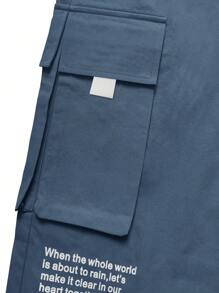 Claim Dot Men Loose Fit Slogan Graphic Flap Pocket Drawstring Waist Cargo Pants - Dusty Blue - View 4