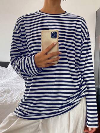 Livesso Femmes Ample unicolore Col Rond Manches Longues Long T-Shirt, Vêtements d'automne Tops Preppy