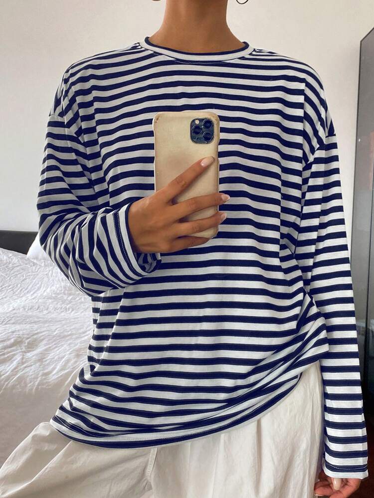 Women Loose Solid Round Neck Long Sleeve Long T-Shirt,Fall Clothes Preppy Tops