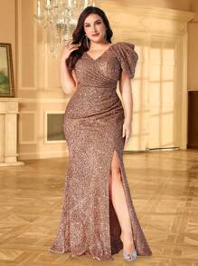 UNITHORSE Plus Size V-Neck Sequin High Slit Design Mermaid Evening Dress, Elegant And Visually Elongating Leg Line, Party Dress, Wedding Guest Dress, Formal Dress, Bride Dress, Birthday Women Outfits, Graduation Dress,Gown