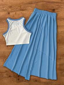 UREREM 2pcs Women's Contrast Rib Knit Casual Sleeveless Top And Asymmetric Drawstring Waist Maxi Skirt Set, 120g Knit Fabric - Blue - View 2