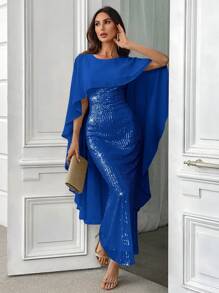 SHEIN Belle Women's Sequined Shawl, Elegant And Unique Formal Gown For Parties, Prom Semi Formal Dress, For Birthday, Wedding Guest, Graduation Homecoming For Holiday Party Clothes - Dark Wash - View 1