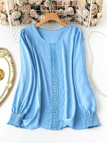 SHEIN LUNE Plus Size Crew Neck Long Sleeve Swiss Dot Minimalist Casual Blouse