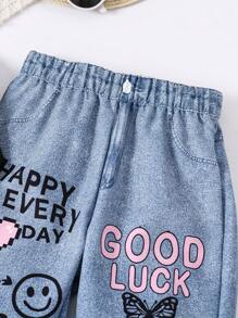 Elladie kids 2pcs/Set Young Girl And Young Girl Casual Street Chic Cropped Long Sleeve Top + Graffiti Straight Leg Pants, Suitable For Daily Outings And Casual Occasions, Autumn/Winter - Multicolor - View 3