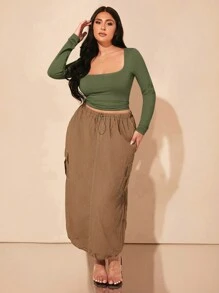 SHEIN BAE 加大码秋季方领褶皱针织紧身长袖 T 恤，优雅百搭通勤上衣