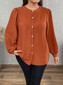 SHEIN LUNE 大码纯色前扣长袖简约衬衫，休闲日常穿着 - 紅木色 - 查看 3