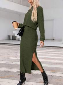 SHEIN Essnce 2pcs Women Casual Solid Color Batwing Sleeve Top & Side Slit Skirt Set, Autumn