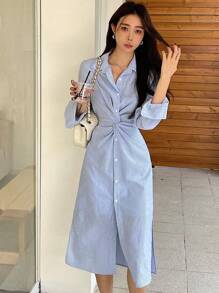 DAZY 条纹打结细节女士中长款衬衫裙，秋季长袖连衣裙 - 藍色 - 查看 3