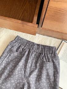 SHEIN 年轻女孩优雅豹纹宽松阔腿裤，法式风格，灰色，适合圣诞节，秋冬季 - 鏽棕色 - 查看 5