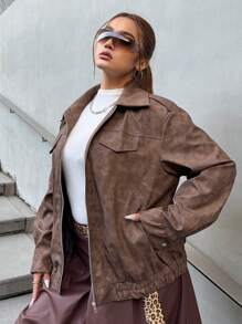 Flirla Damen Jacke in Motorradstil mit Reißverschlusstaschen, winddicht, große Größen, Lässig und Retro, für Herbst/Winter