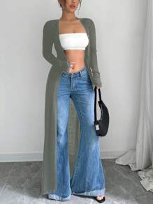 Chiquease Semi-Sheer Long Knitted Cardigan, Versatile And - Khaki - View 6