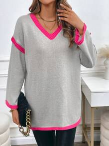 SHEIN Unity Women's Casual Contrast Color V-Neck Loose Knitted Sweater, Autumn/Winter Fall - Grey - View 3