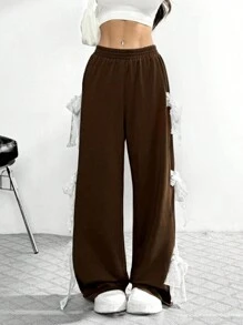 Chiquease Ins Style Casual Women Wide Leg Pants With Bow Lace Patchwork Detail, Loose Fit Straight Trousers For Autumn