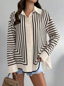Chiquease Áo sơ mi kẻ sọc chắp vá xếp ly thường ngày cho nữ, mùa thu - Nhiều màu - Xem 3