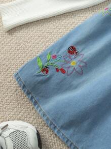 1 件年轻女孩牛仔连衣裙，新款休闲时尚刺绣水洗柔软牛仔连衣裙，适合春夏秋冬 - 中等水洗藍 - 查看 5