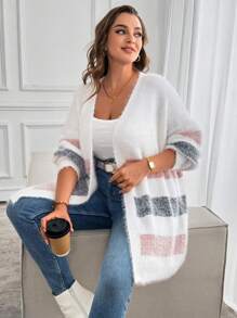 SHEIN LUNE 大码女式条纹落肩长袖宽松开衫，秋冬季休闲款 - 彩色 - 查看 5