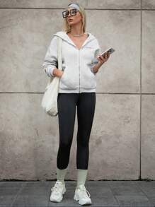 Hanevo 全新秋季休闲时尚英式印花纯色口袋拉链连帽女式运动衫，机场装 - 灰色 - 查看 5