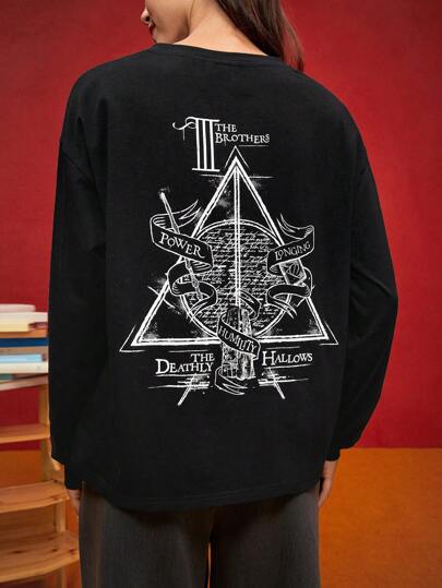 HARRY POTTER X SHEIN Women's Casual Geometric And Slogan Print Drop Shoulder Loose Long Sleeve Black T-Shirt, Spring & Autumn