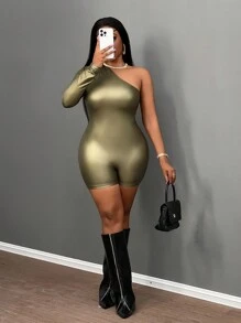 Slaydiva Music Festival Pu One Shoulder Long Sleeve Tight Romper - Dark Green - View 7
