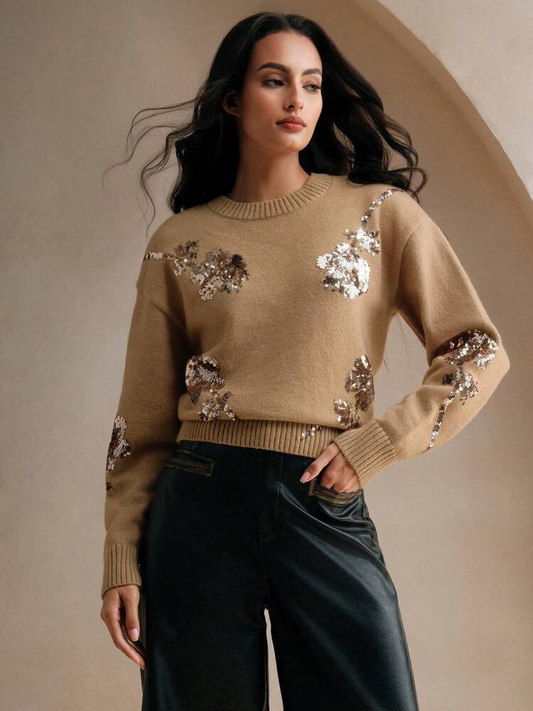Elegant Casual Sequin Floral Round Neck Women Sweater With Waist Design, Loose Fit Knit Pullover Fall Winter