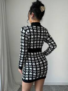 Váy len dáng ôm cổ tròn tay dài họa tiết răng sói thanh lịch dành cho nữ, mùa thu/đông - Nhiều màu - Xem 2