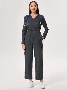 TaskEZ 1set Basic V-Neck Long Sleeve Blouse & Pants Scrub Uniform Set - Grey - View 1