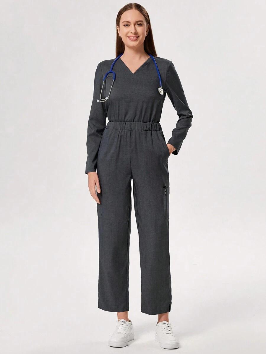 TaskEZ 1set Basic V-Neck Long Sleeve Blouse & Pants Scrub Uniform Set - Grey - View 1