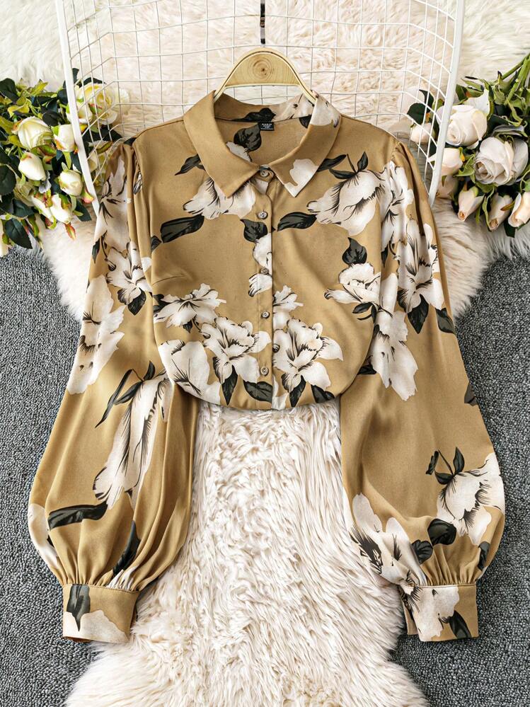SHEIN DreamScene 大码前扣长袖花卉全印花简约休闲上衣，日常穿着女式衬衫 - 彩色 - 查看 1