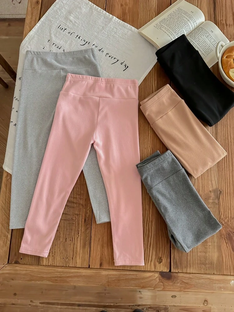 SHEIN Compre 1 y lleve 4 gratis, set de 5 piezas de polainas ajustadas de unicolor con estampado de letras para niñas, ideal para usar de forma casual, diaria y escolar en Navidad, ropa de invierno para niñas, ropa de Navidad, ropa de fiesta, ropa diaria escolar, ropa de cumpleaños, ropa de princesa, a juego para mamá e hija y hermanas - Multicolor - Añade 3