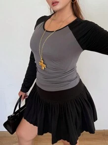 Flirla 大码撞色圆领荷叶边长袖上衣 - 深灰色 - 查看 2