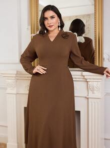 Modelyn 大码纯色 3D 花卉装饰长袖简约休闲连衣裙长款晚礼服 - 咖啡棕 - 查看 9