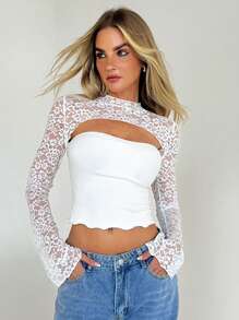 Aloruh Áo cánh tay loe khoét ren màu trơn cho nữ, màu trắng, mùa thu/đông - trắng - Xem 7